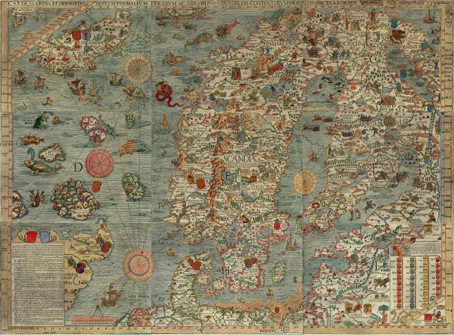 Carta marina från 1539 med diverse utbildade havsmonster.